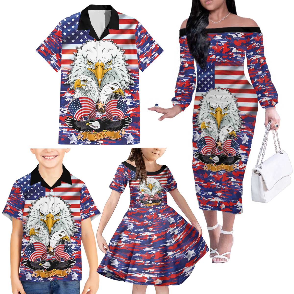 American Eagles Family Matching Off The Shoulder Long Sleeve Dress and Hawaiian Shirt United States Flag Camouflage Style - Wonder Print Shop