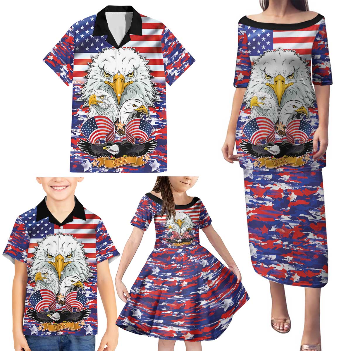 American Eagles Family Matching Puletasi and Hawaiian Shirt United States Flag Camouflage Style - Wonder Print Shop