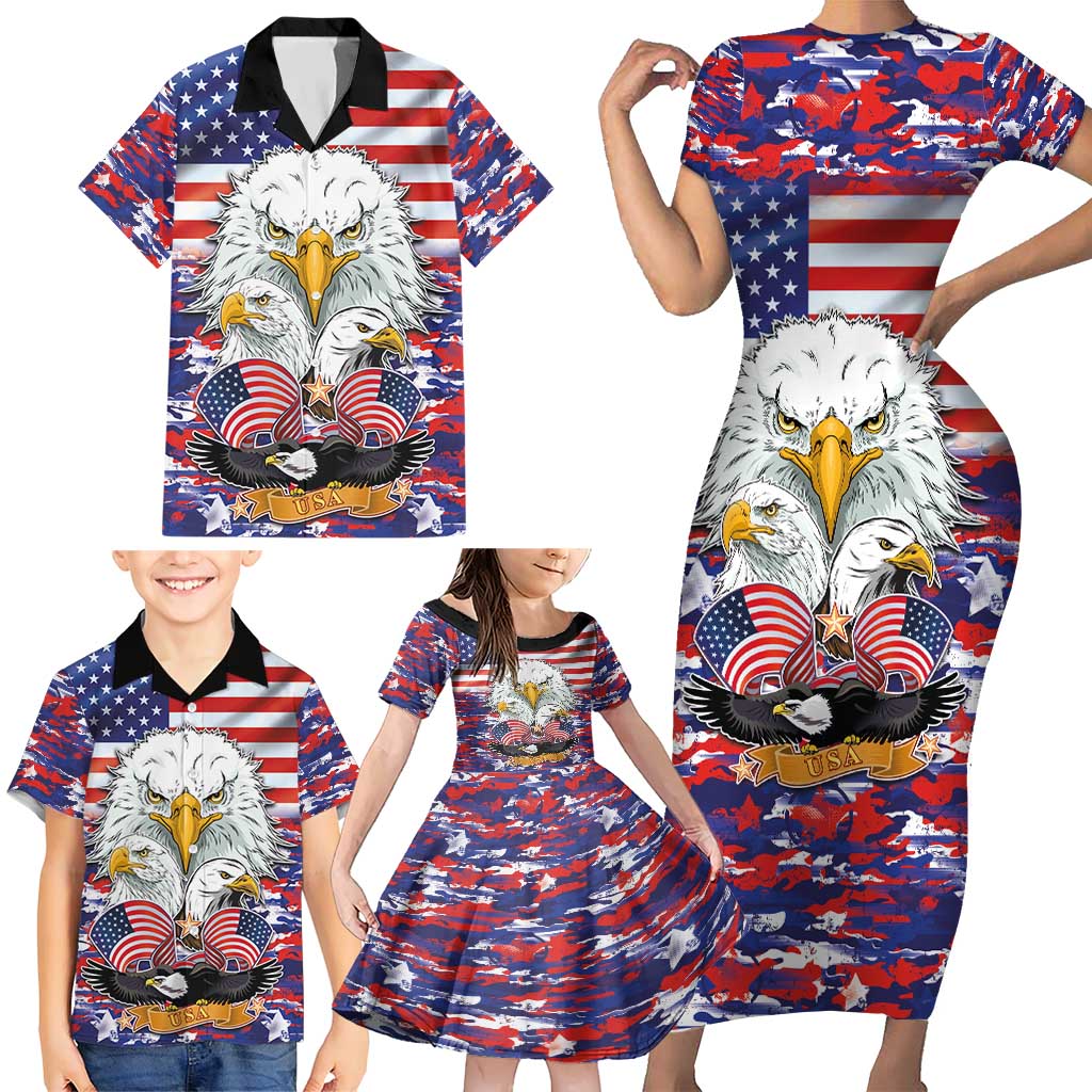 American Eagles Family Matching Short Sleeve Bodycon Dress and Hawaiian Shirt United States Flag Camouflage Style - Wonder Print Shop