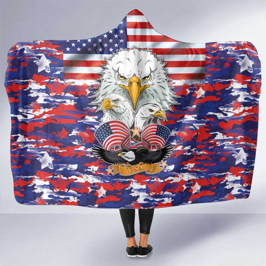 American Eagles Hooded Blanket United States Flag Camouflage Style