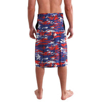 Men's camo flag print lounge shorts, full-length rear view with elastic waistband