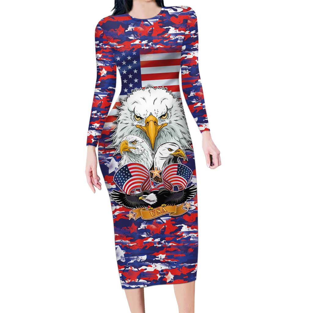 American Eagles Long Sleeve Bodycon Dress United States Flag Camouflage Style - Wonder Print Shop