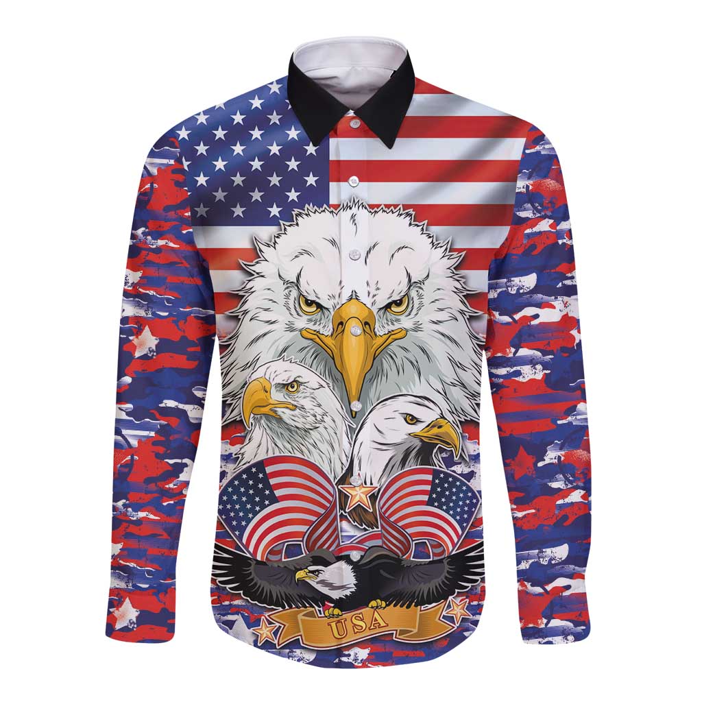 Red long-sleeve button shirt, eagle and US flag camouflage print, front view
