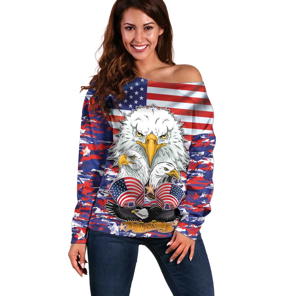 American Eagles Off Shoulder Sweater United States Flag Camouflage Style - Wonder Print Shop