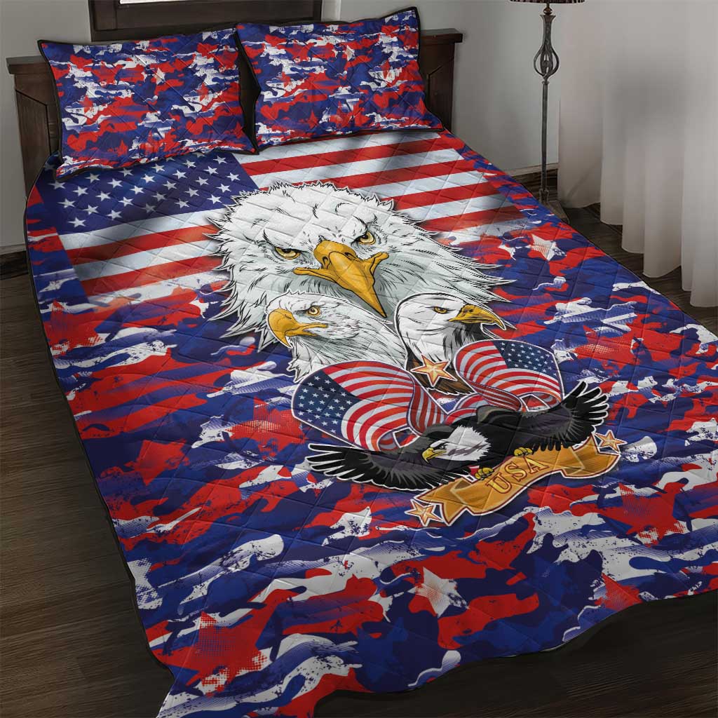 American Eagles Quilt Bed Set United States Flag Camouflage Style