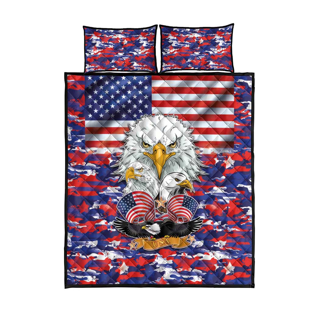 US flag camo quilt bed set, centered eagle artwork with striped pillowcases and stars