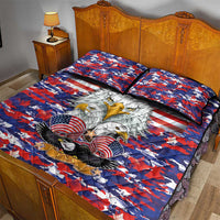 US flag camo quilt bed set with large eagle design, striped pillows, and star details