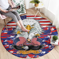 Round patriotic area rug with eagles, stars and red-and-blue camouflage pattern