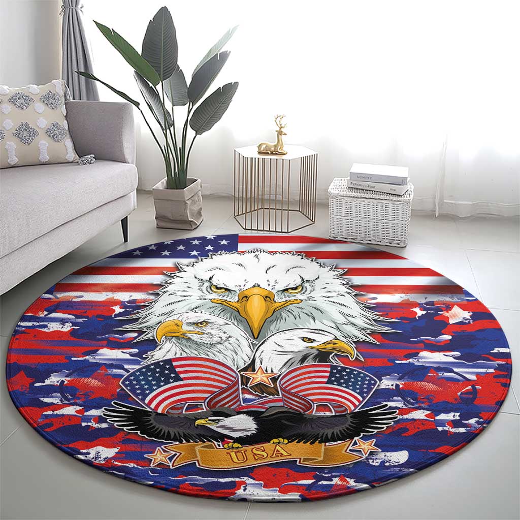 Round American flag style rug featuring eagles with stars and red-and-blue stripes