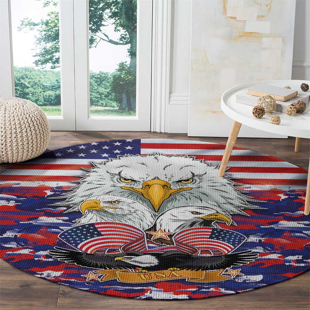 Round patriotic carpet with white eagles, star accents, and red-and-blue camouflage