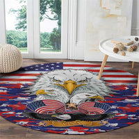 Round patriotic carpet with white eagles, star accents, and red-and-blue camouflage