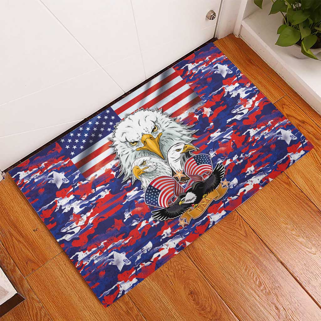 American Eagles rubber doormat, eagle and US flag stars with red white blue camo