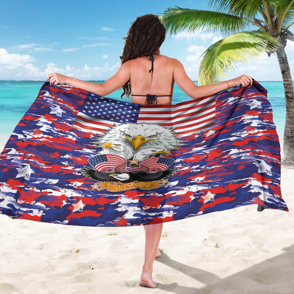 Patriotic camouflage sarong spread wide with large eagle and US flag stars