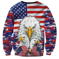 Unisex crewneck sweatshirt with American flag eagle graphic, red/blue camouflage sleeves