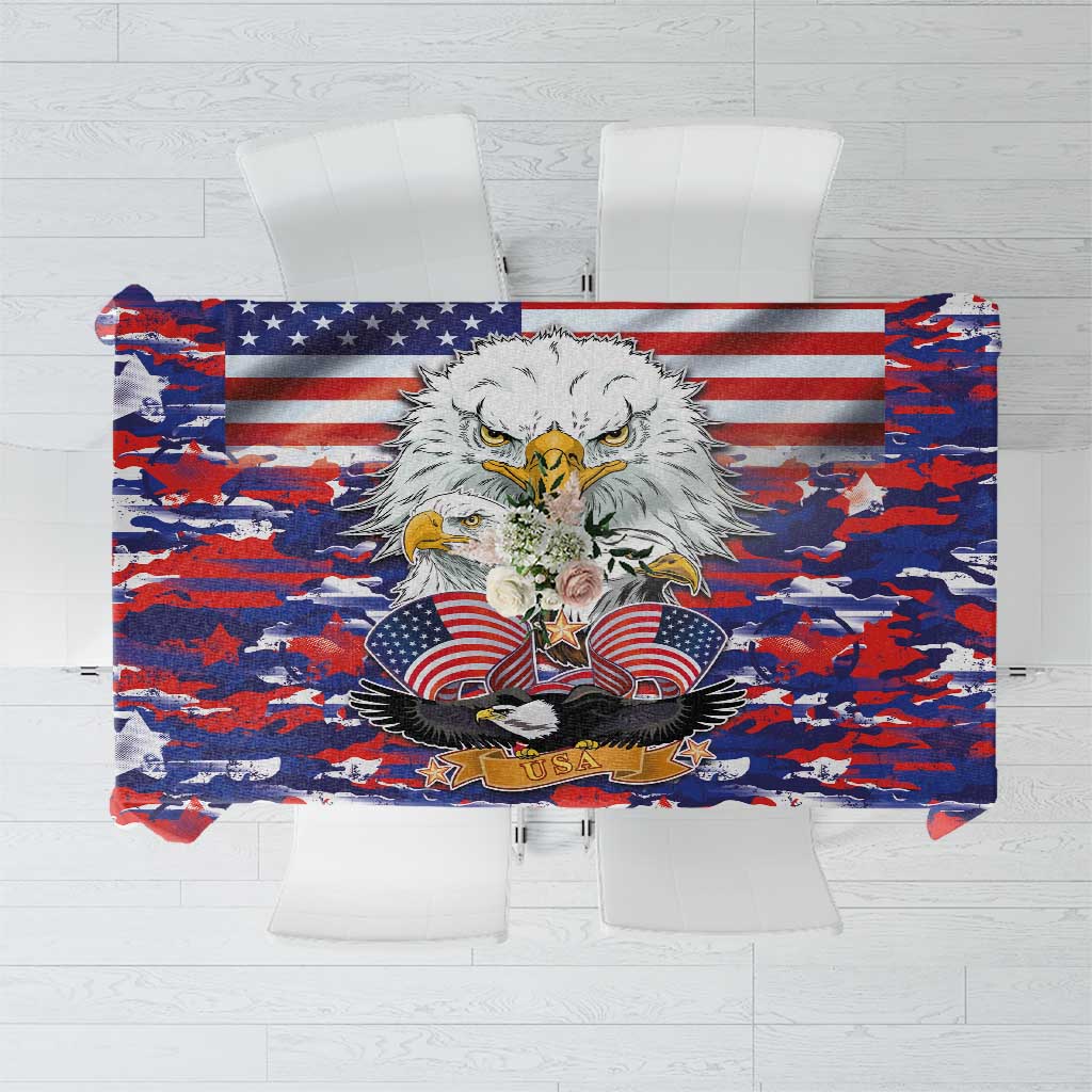 Tablecloth with US flag camo pattern and central bald eagle graphic, red white blue