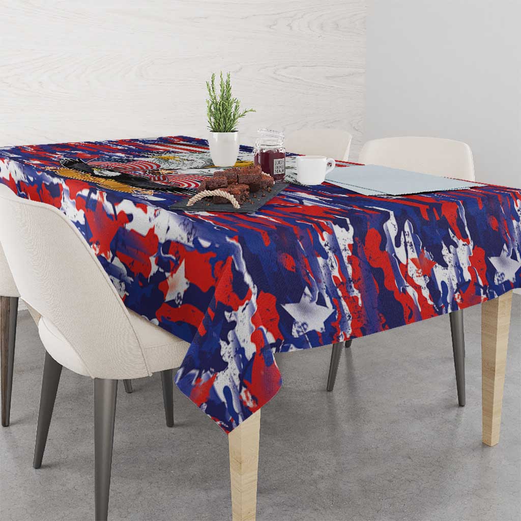 Tablecloth with red white blue camouflage flag print, set on dining table with chairs
