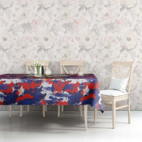 Tablecloth with red white blue camouflage flag print on table with dining chairs