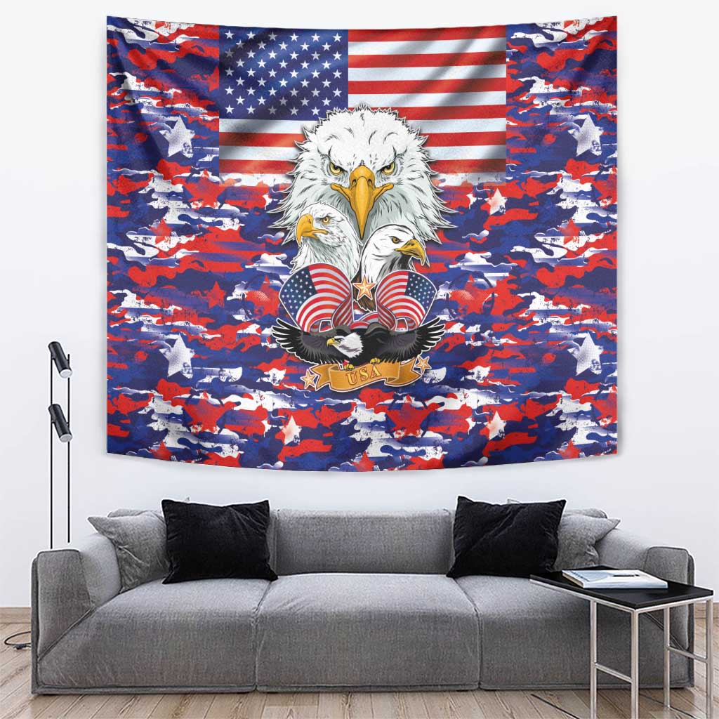 Eagle and US flag camouflage tapestry with red, blue, and white bird design center