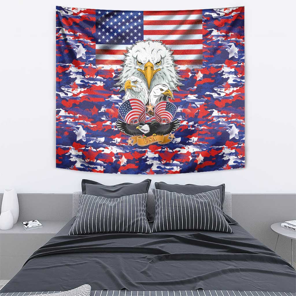 US flag eagle camouflage tapestry with red, blue, and white coastal camo pattern