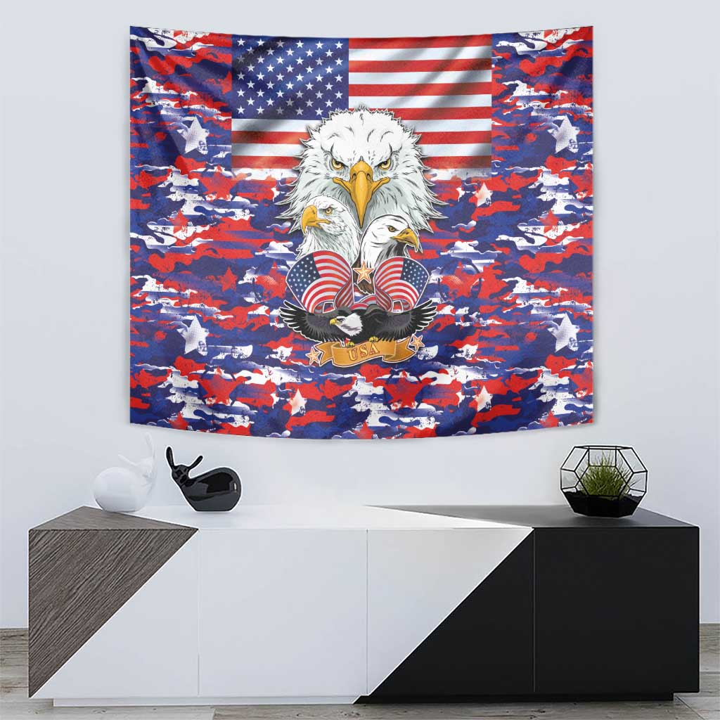 Eagle and US flag camouflage tapestry with red-blue camo background and stars