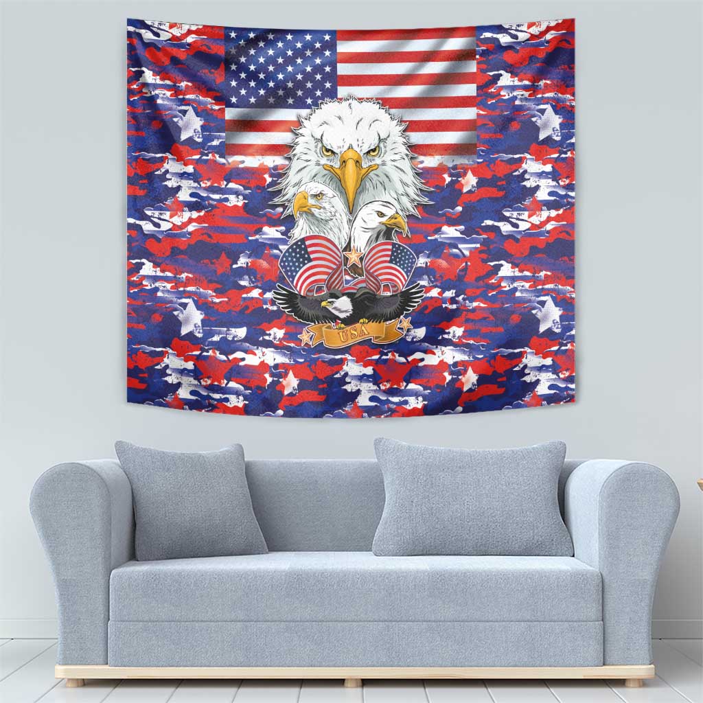 US flag eagle camouflage tapestry featuring a white eagle with red and blue accents