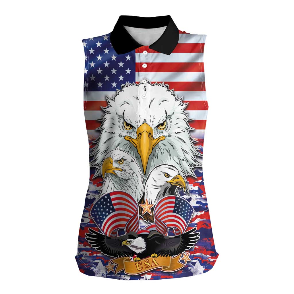 American Eagles Women Sleeveless Polo Shirt United States Flag Camouflage Style