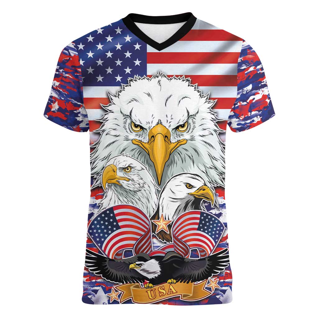 American Eagles Women V-Neck T-Shirt United States Flag Camouflage Style