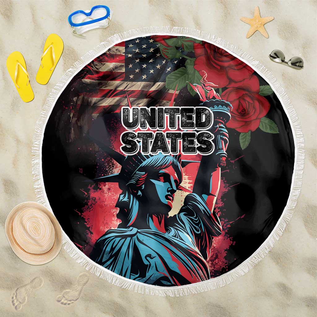 Round beach blanket with fringe, black patriotic print of Statue of Liberty and roses