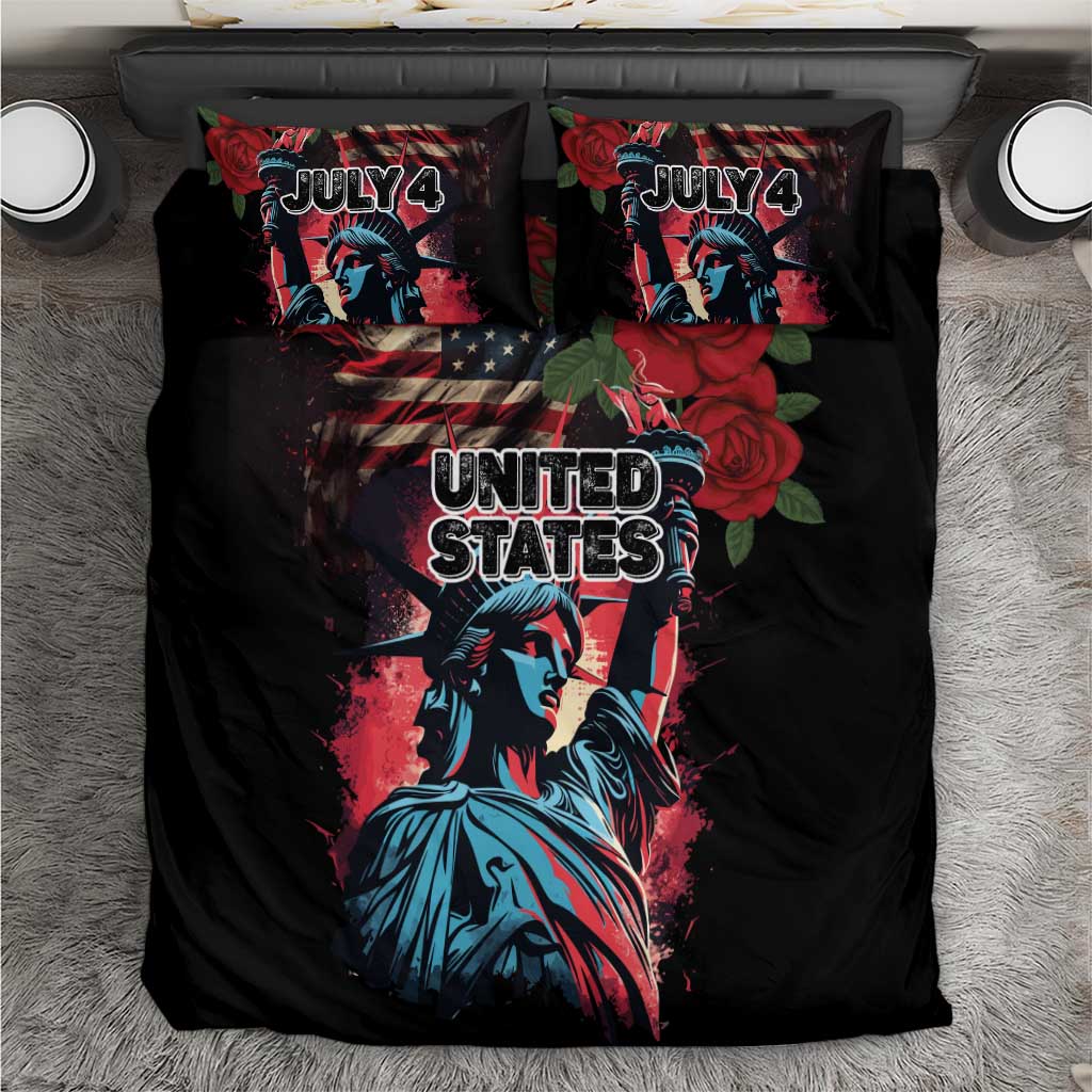 Black bedding set with Statue of Liberty graphic, roses, and 'JULY 4' pillow top view