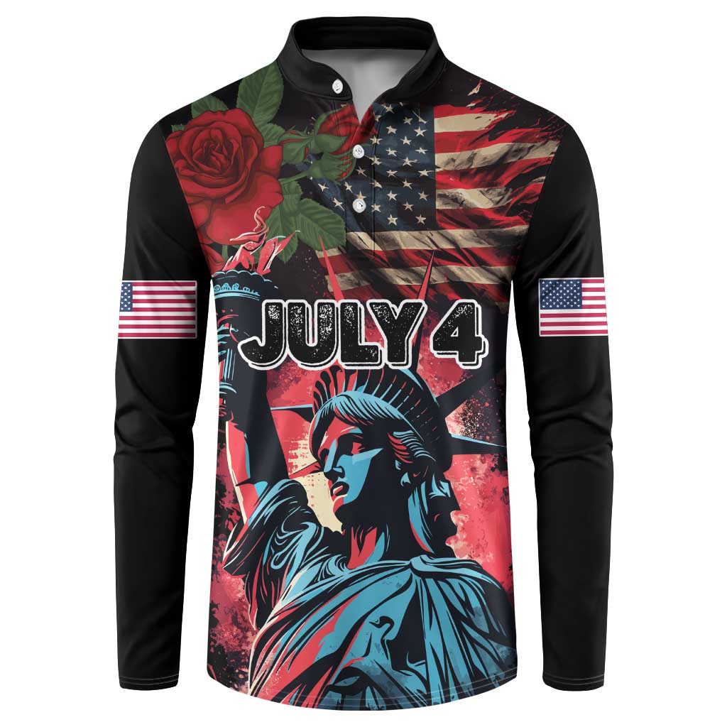 Black button sweatshirt front with JULY 4 Liberty portrait and USA flag collage