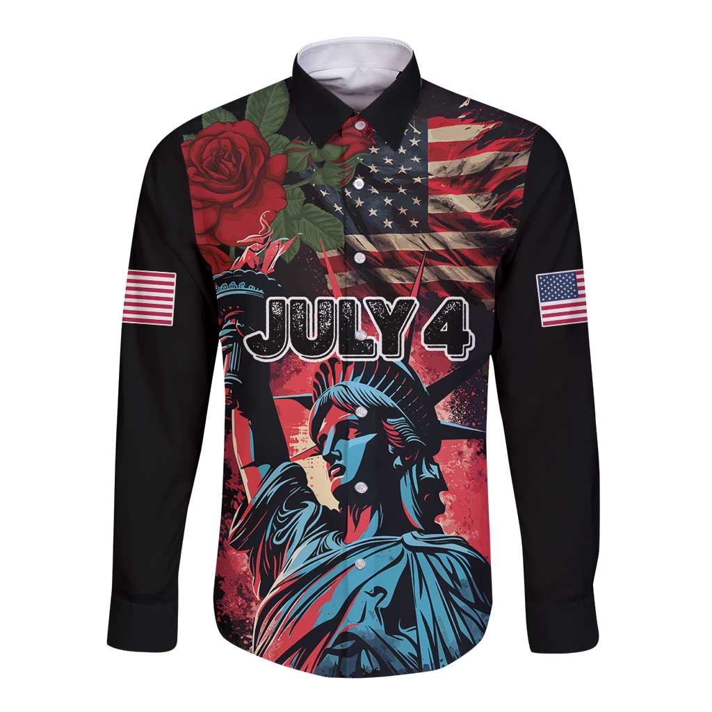 Black long-sleeve button shirt with retro 'JULY 4' Independence Day graphic