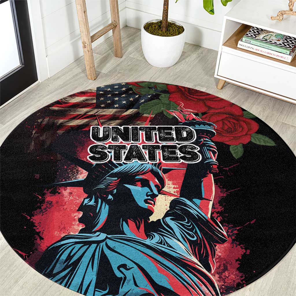 Round Independence Day carpet: black rug with Statue of Liberty graphic and UNITED STATES text