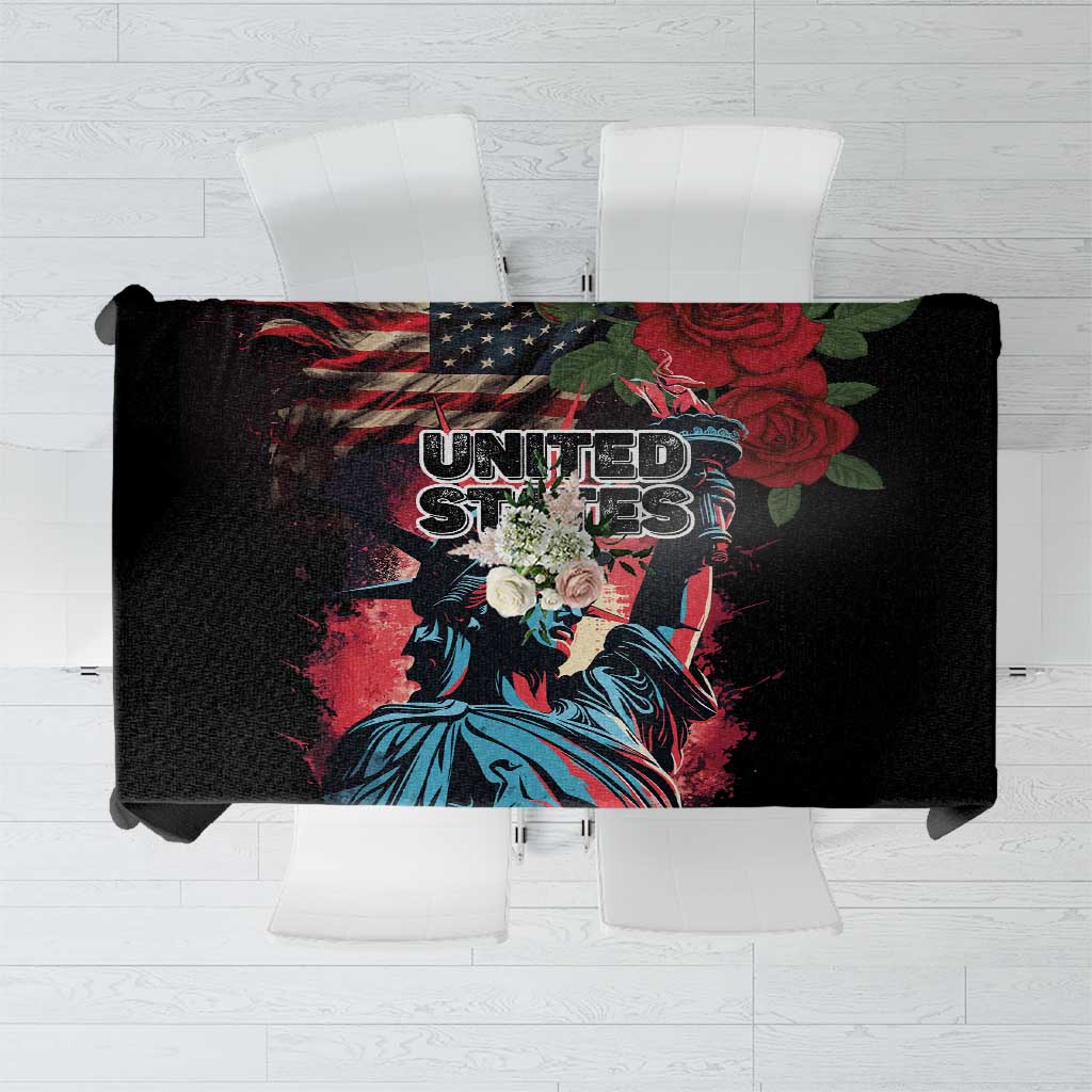 Black Independence Day tablecloth with Statue of Liberty graphic, square top view.