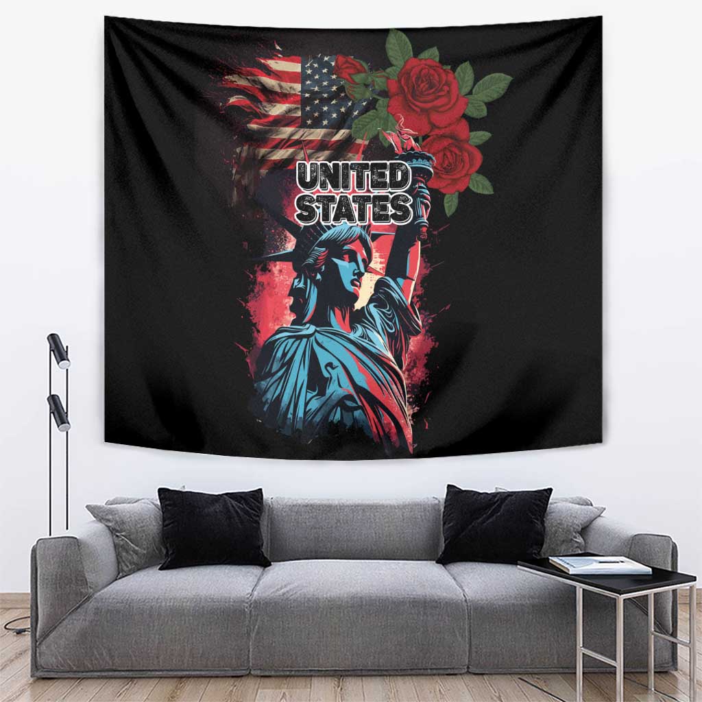 Black wall tapestry with Statue of Liberty illustration, US flag, and red roses