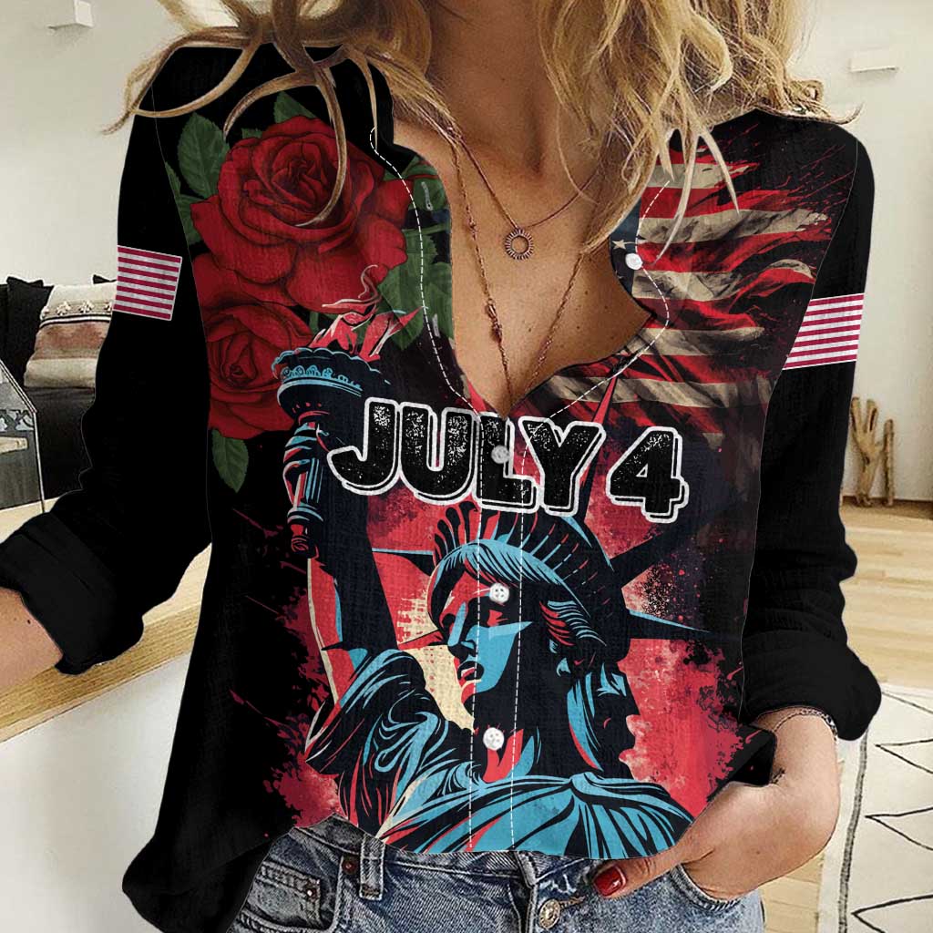 United States Independence Day Women Casual Shirt The 4th of July Statue of Liberty Retro Style - Wonder Print Shop