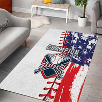 White baseball area rug with Champion graphic, baseball bat, and stars and red stripes