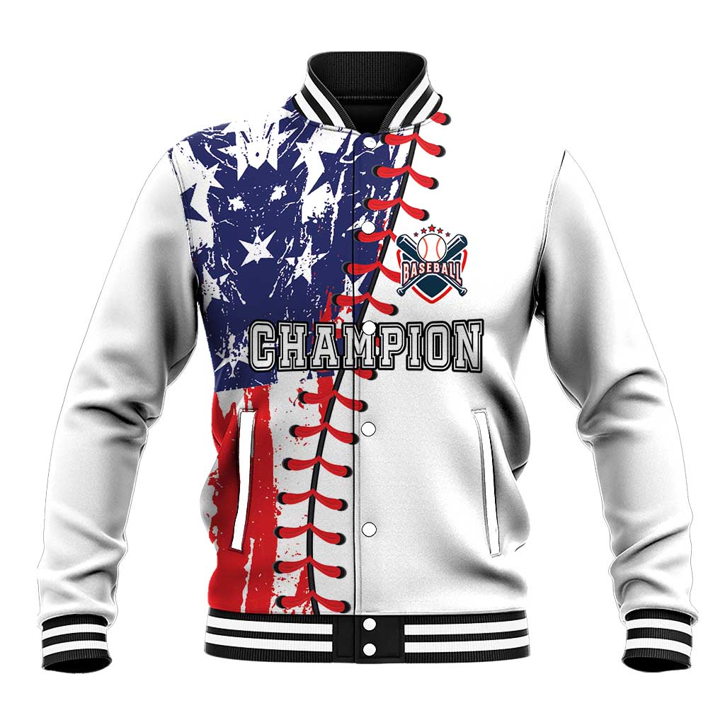 White varsity baseball jacket with red, blue graphic front, snap buttons, ribbed cuffs