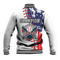 White varsity baseball jacket back with blue red star graphic, ribbed collar and hem