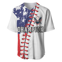 Baseball jersey with white body, blue/red graphic panel, CHAMPION text, Baseball logo, lace-up