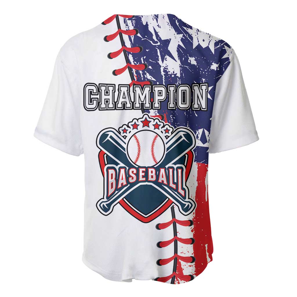 Baseball jersey back with CHAMPION text, Baseball emblem, blue top panel, red side stripe, lace-up