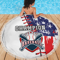 Round white beach blanket with Champion Baseball graphic in patriotic blue and red, fringed edge