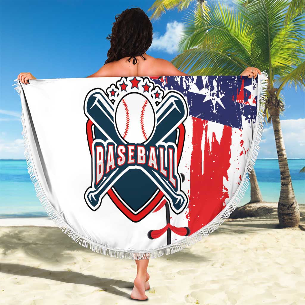 Fringed round beach blanket showing Champion Baseball logo on white with red and blue stripes