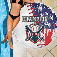 Round white beach blanket with Champion Baseball logo, patriotic blue/red design and fringe edge