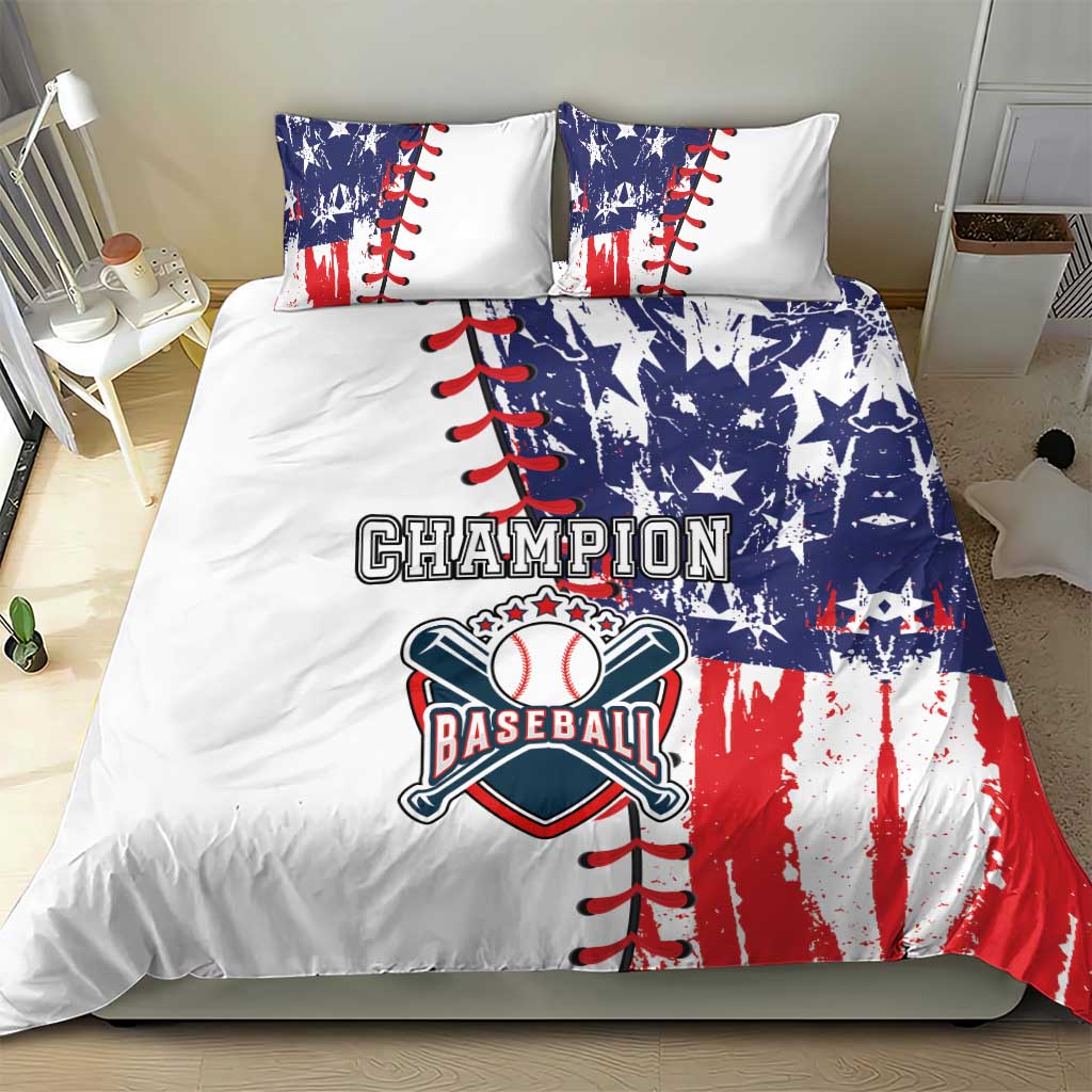 Baseball-themed bedding set with blue red white star and stripe duvet and two pillowcases