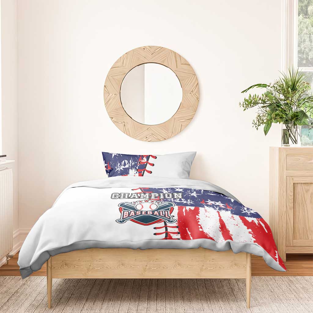 Baseball-themed bedding set with Champion Baseball logo on duvet and two pillowcases