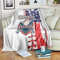White baseball blanket draped on couch, 'Champion Baseball' text and bat emblem