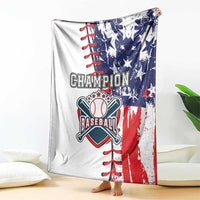 White baseball blanket with blue stars and red striped side, 'Champion Baseball' graphic