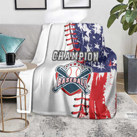 White baseball blanket over gray chair seat with blue stars and red stripe design