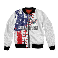 White baseball bomber jacket with black ribbed cuffs and hem, front snap, red/blue graphic