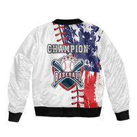 White bomber jacket with black ribbed collar and cuffs, back baseball “Champion” graphic